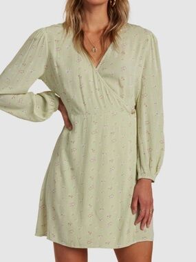 Billabong Light Green Floral Wrap Long Sleeve Dress